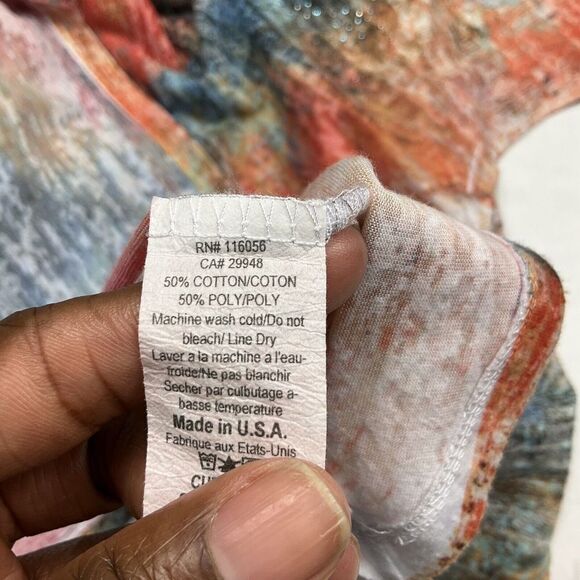 Jess & Jane Tunic Abstract Print Cold Shoulder Short Sleeve Studded Top LARGE - Picture 8 of 10